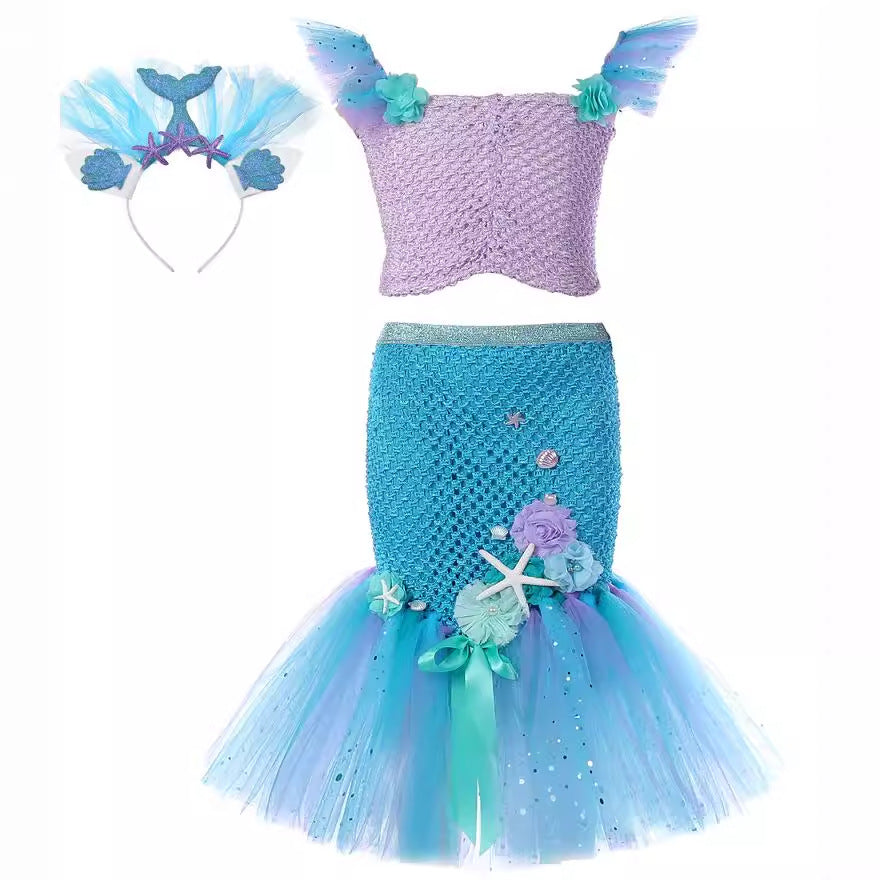 Cosplay Mermaid Sequin Tail Dress Set for Girls, Mermaid Gown Costume, Performance Dress