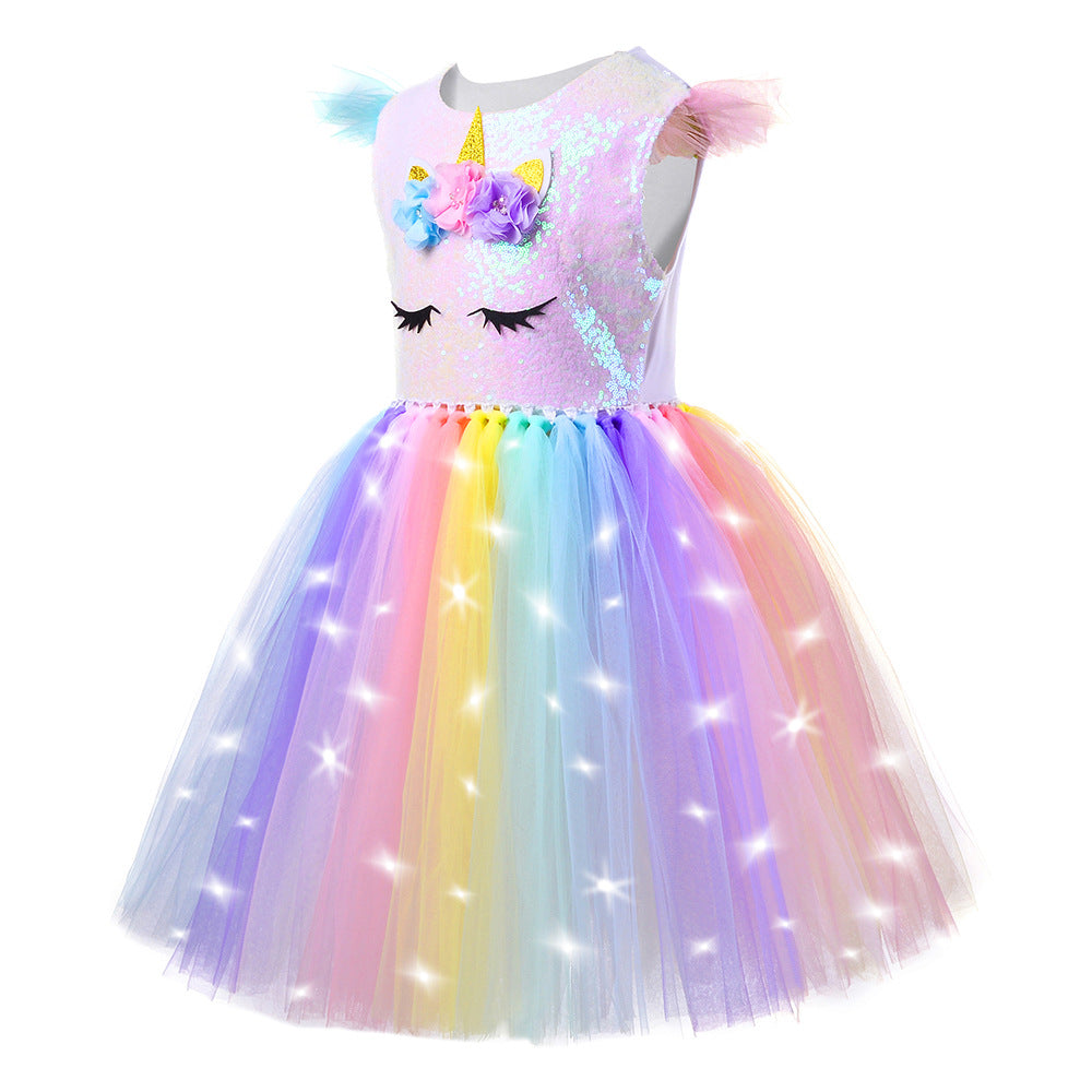 Unicorn Light-Up Princess Dress for Girls, Tulle Party Dress, Stage Costume, Frozen-Themed Outfit