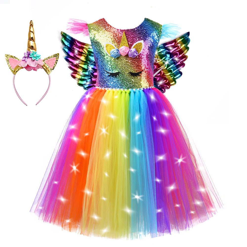 Unicorn Light-Up Princess Dress for Girls, Tulle Party Dress, Stage Costume, Frozen-Themed Outfit