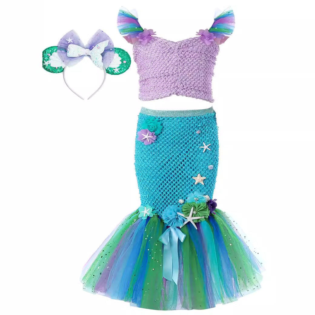Cosplay Mermaid Sequin Tail Dress Set for Girls, Mermaid Gown Costume, Performance Dress