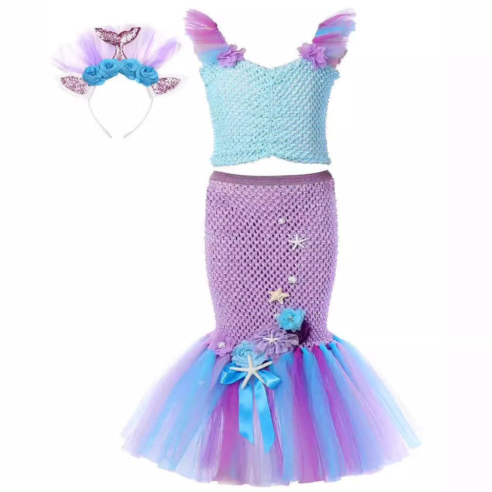 Cosplay Mermaid Sequin Tail Dress Set for Girls, Mermaid Gown Costume, Performance Dress